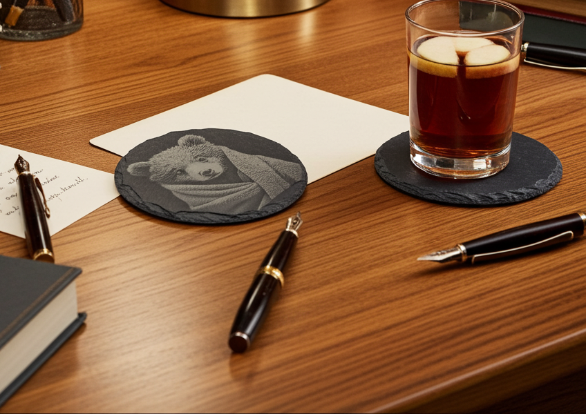 Set of 4, Round Slate Coasters- Bear in a blanket collection- with bumper feet.