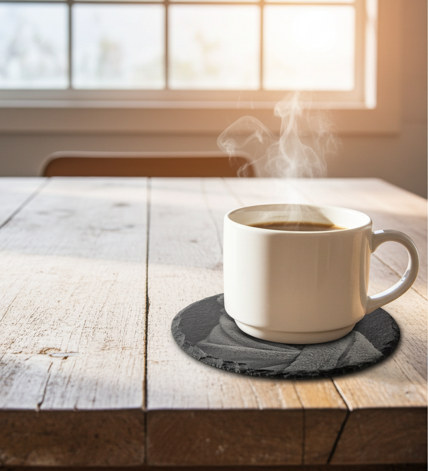 Set of 4, Round Slate Coasters- Bear in a blanket collection- with bumper feet.