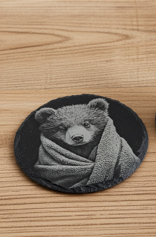 Set of 4, Round Slate Coasters- Bear in a blanket collection- with bumper feet.