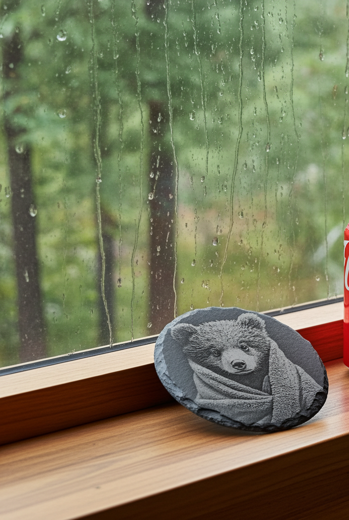 Set of 4, Round Slate Coasters- Bear in a blanket collection- with bumper feet.