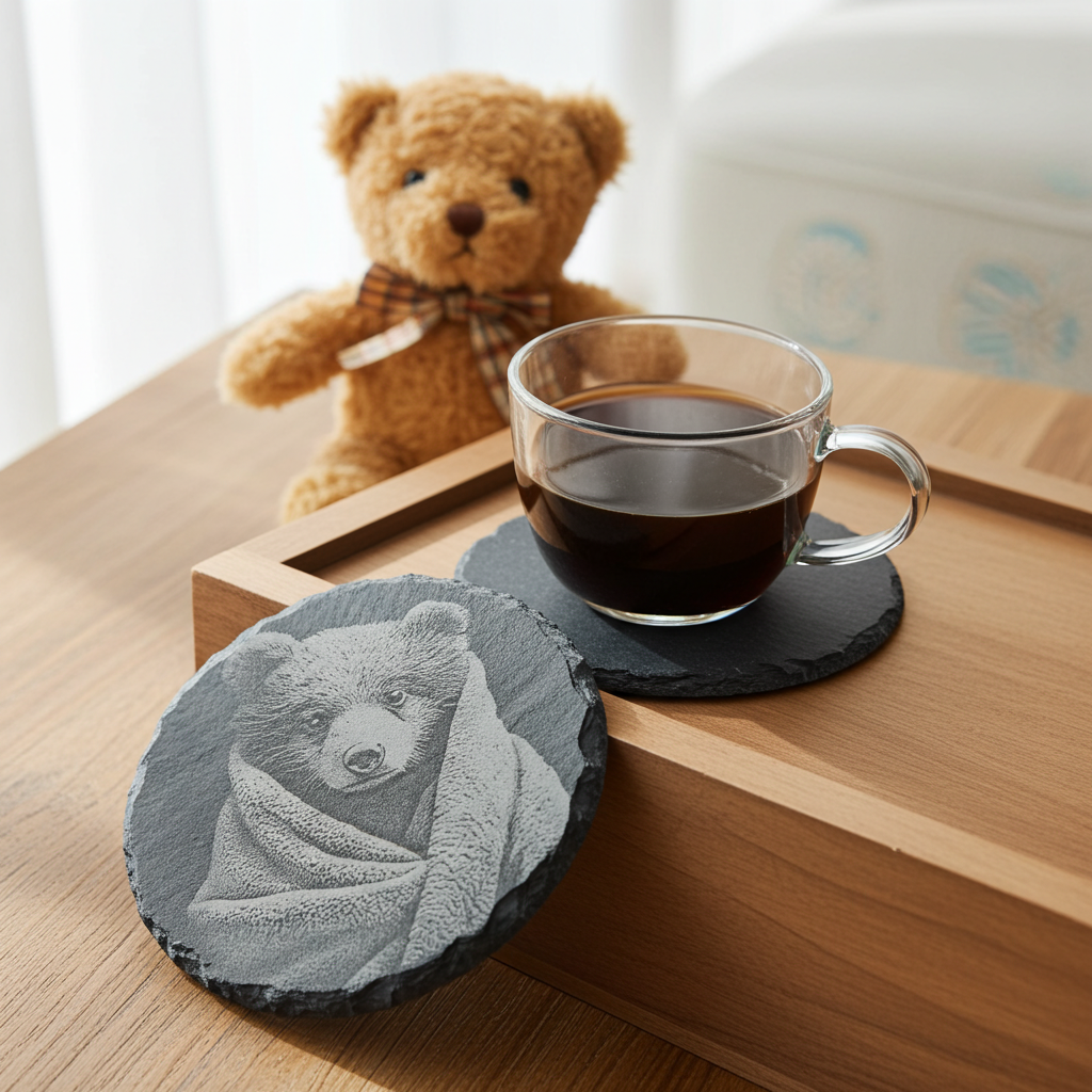 Set of 4, Round Slate Coasters - Bear and Cub in Blanket Collection, (2 designs per set). with bumper feet.