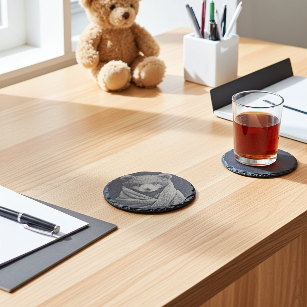 Set of 4, Round Slate Coasters- Bear in a blanket collection- with bumper feet.