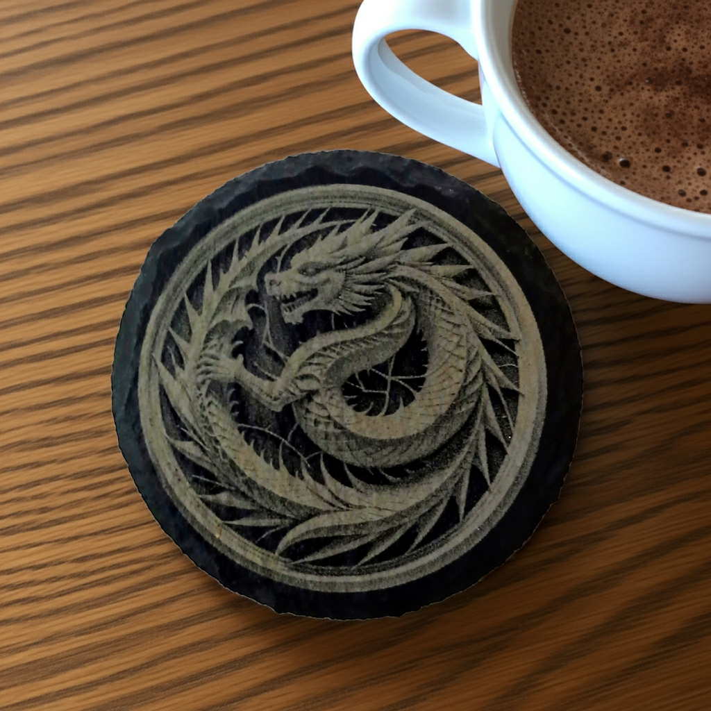 Set of 4, Round Slate Coasters with Bumper Feet- Exquisite 3d effect engraving of a dragon.