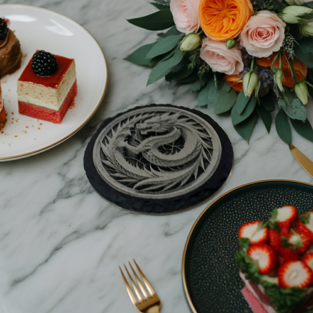 Set of 4, Round Slate Coasters with Bumper Feet- Exquisite 3d effect engraving of a dragon.