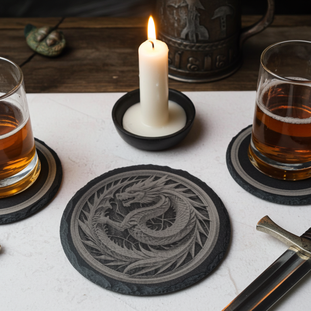 Set of 4, Round Slate Coasters with Bumper Feet- Exquisite 3d effect engraving of a dragon.