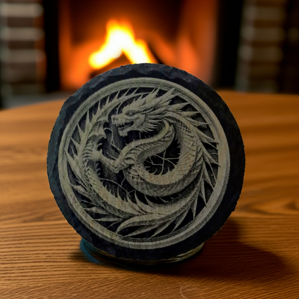 Set of 4, Round Slate Coasters with Bumper Feet- Exquisite 3d effect engraving of a dragon.