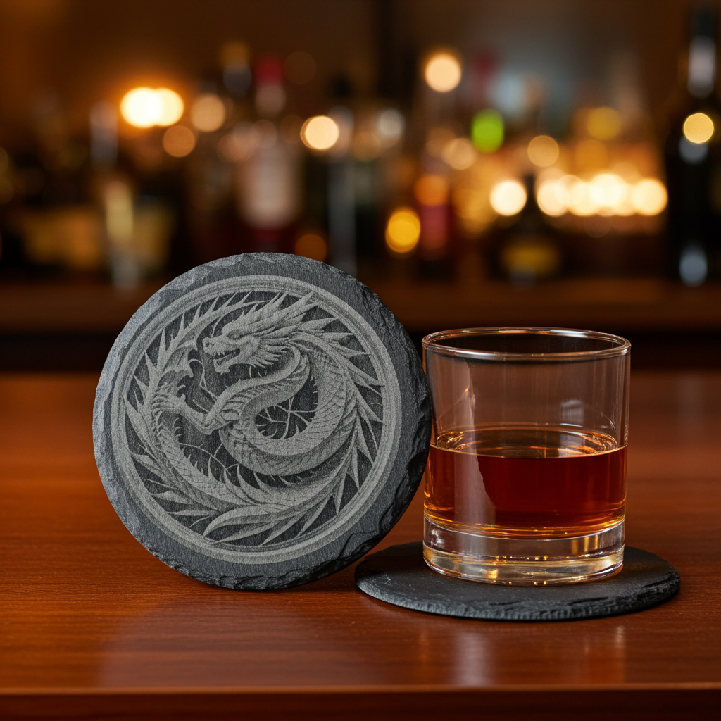 Set of 4, Round Slate Coasters with Bumper Feet- Exquisite 3d effect engraving of a dragon.