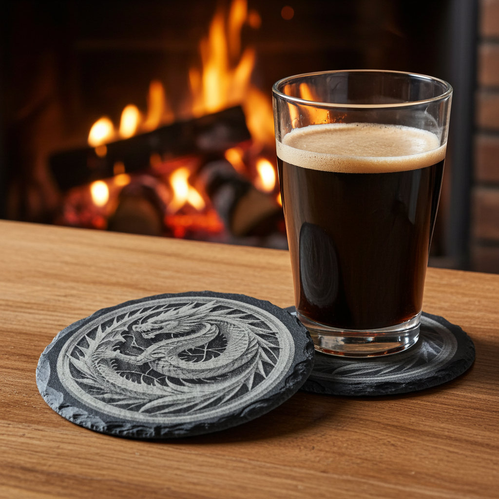 Set of 4, Round Slate Coasters with Bumper Feet- Exquisite 3d effect engraving of a dragon.