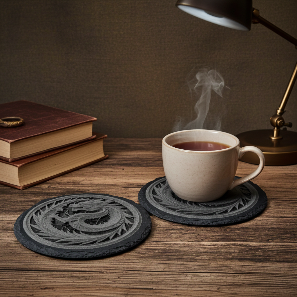 Set of 4, Round Slate Coasters with Bumper Feet- Exquisite 3d effect engraving of a dragon.
