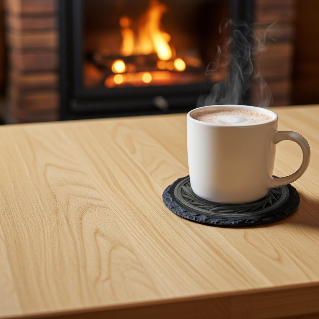 Set of 4, Round Slate Coasters with Bumper Feet- Exquisite 3d effect engraving of a dragon.