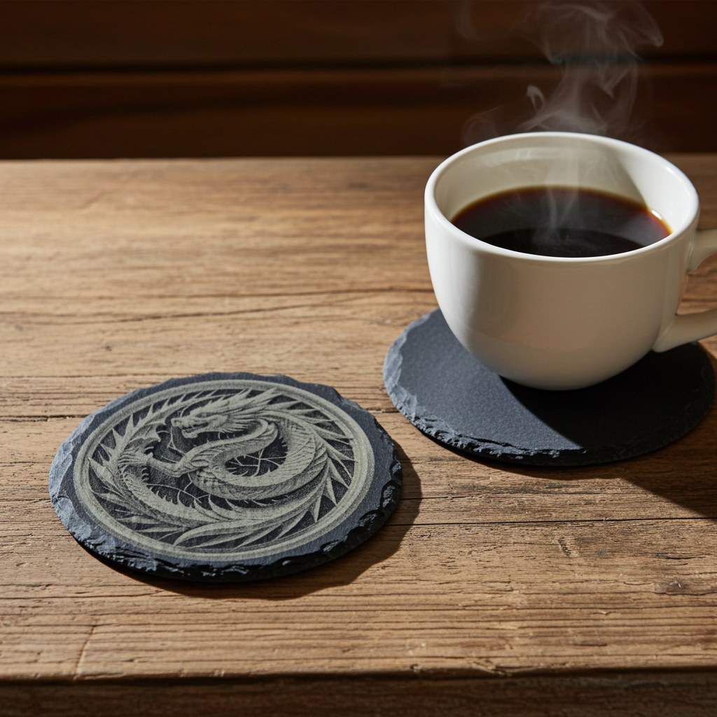 Set of 4, Round Slate Coasters with Bumper Feet- Exquisite 3d effect engraving of a dragon.