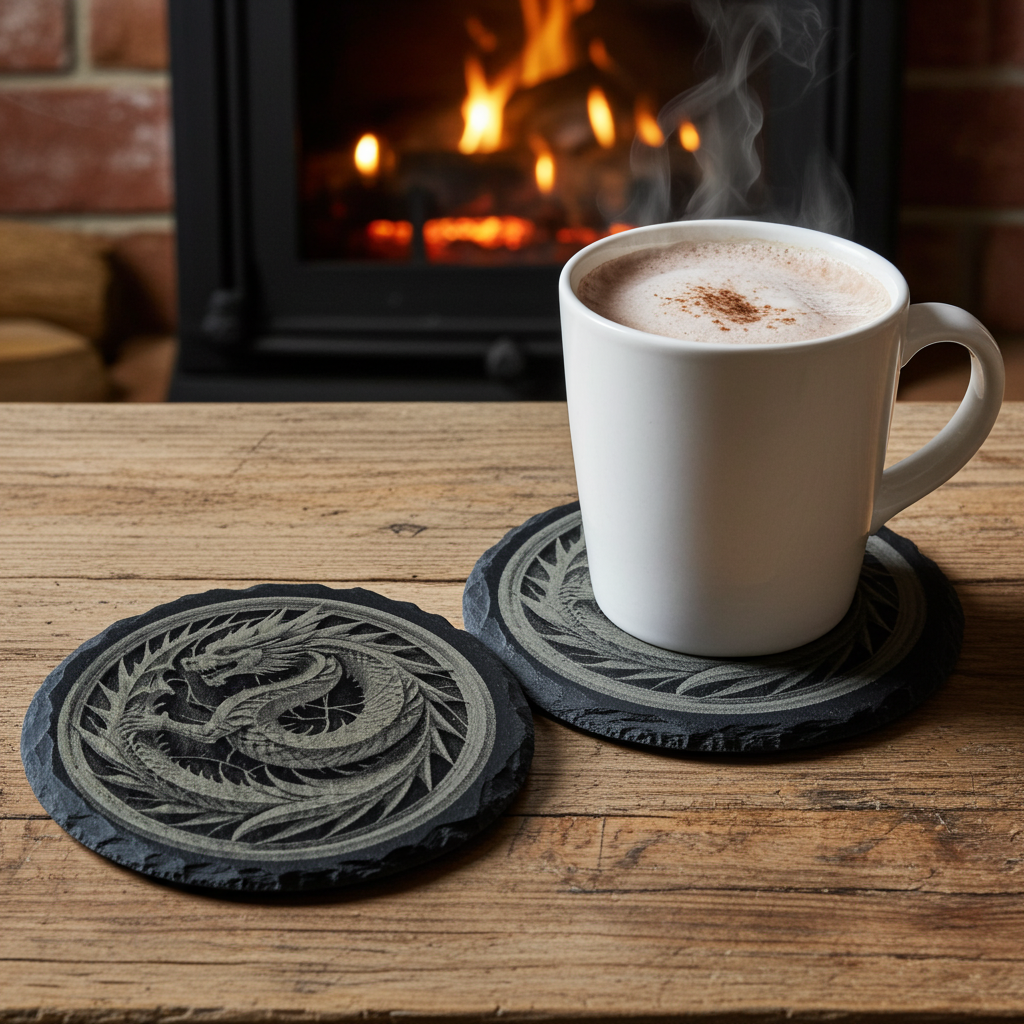 Set of 4, Round Slate Coasters with Bumper Feet- Exquisite 3d effect engraving of a dragon.