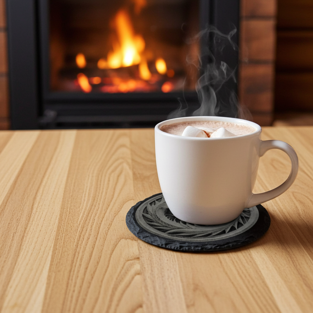 Set of 4, Round Slate Coasters with Bumper Feet- Exquisite 3d effect engraving of a dragon.