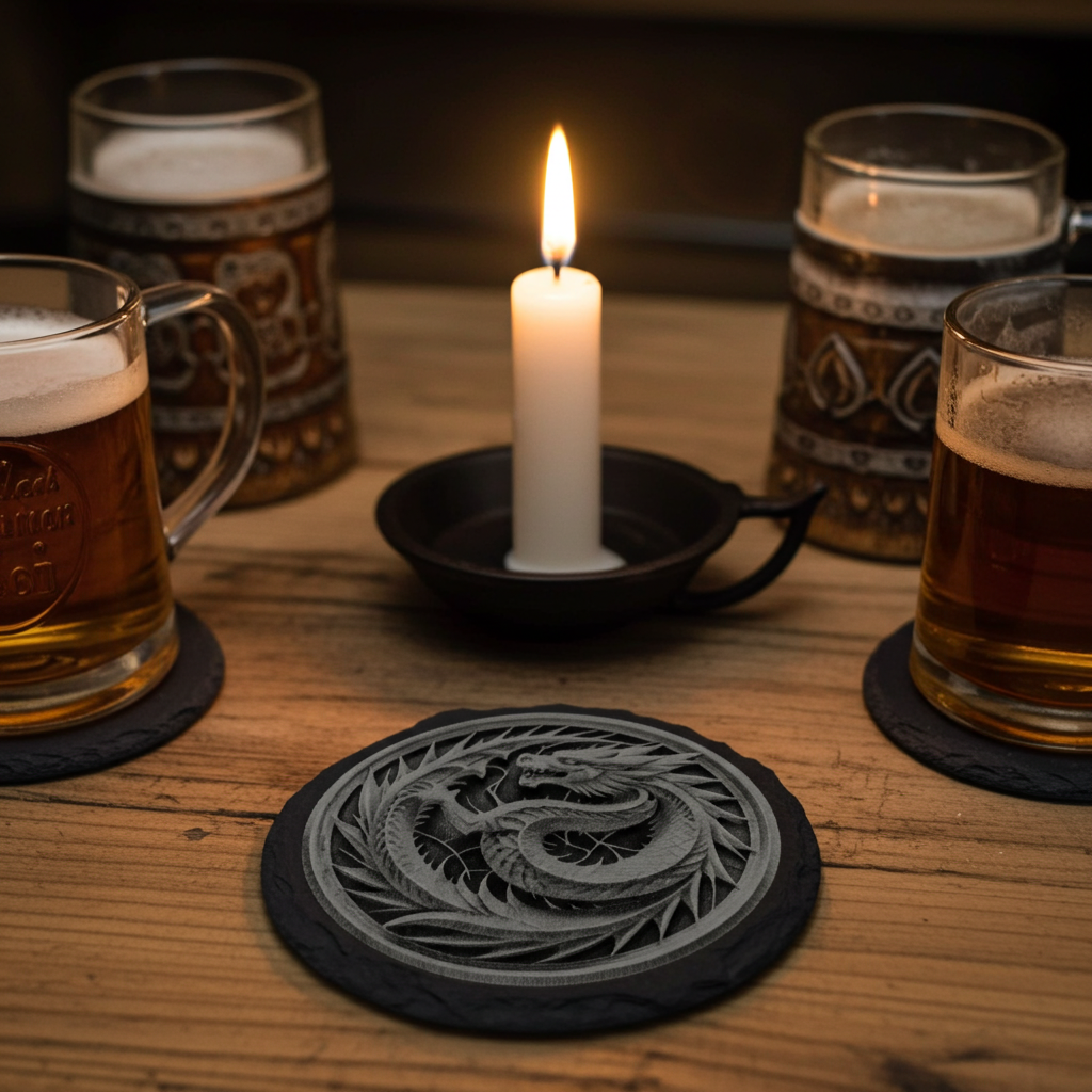 Set of 4, Round Slate Coasters with Bumper Feet- Exquisite 3d effect engraving of a dragon.