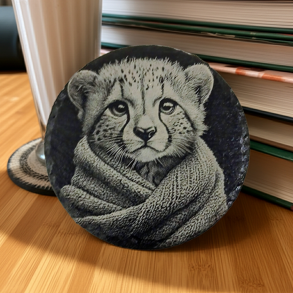 Set of 4, Round Slate Drink Coasters- Cute Cub in Blanket Collection- with Bumper Feet.