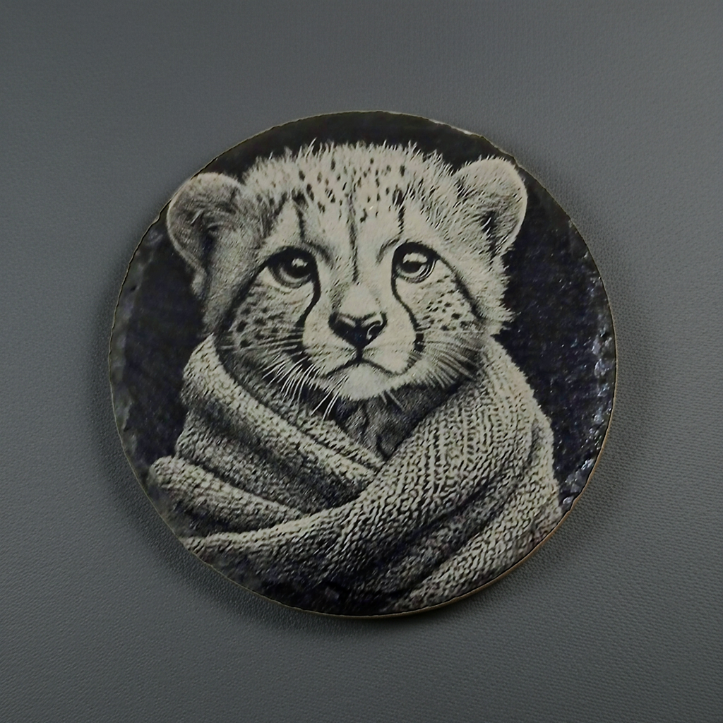 Set of 4, Round Slate Drink Coasters- Cute Cub in Blanket Collection- with Bumper Feet.
