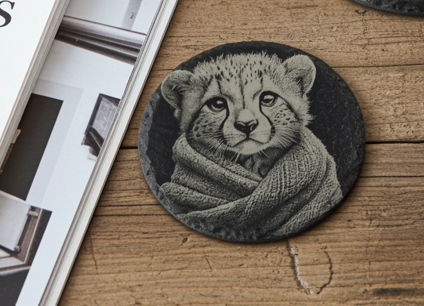 Set of 4, Round Slate Drink Coasters- Cute Cub in Blanket Collection- with Bumper Feet.