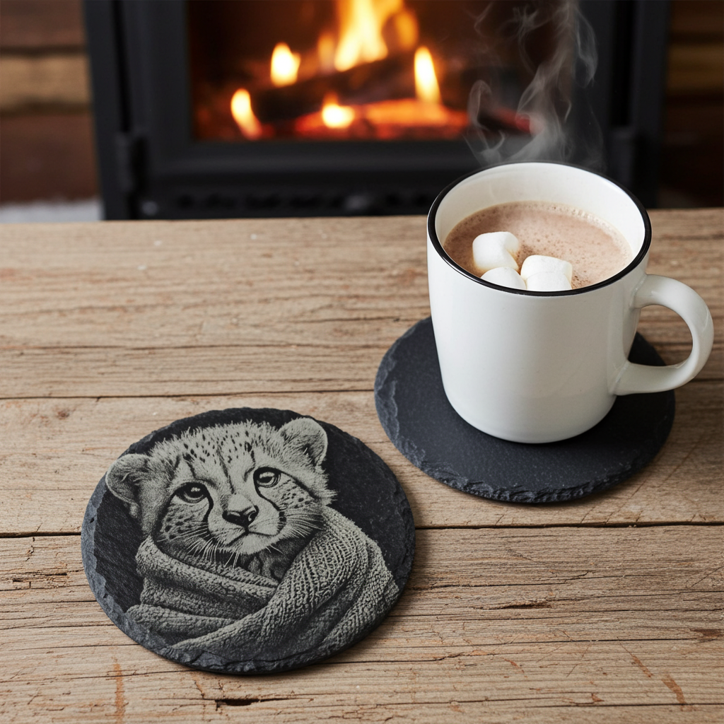 Set of 4, Round Slate Drink Coasters- Cute Cub in Blanket Collection- with Bumper Feet.