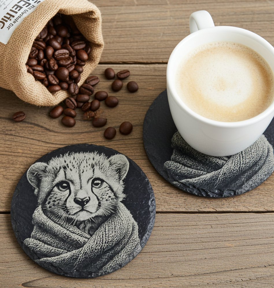 Set of 4, Round Slate Coasters - Bear and Cub in Blanket Collection, (2 designs per set). with bumper feet.