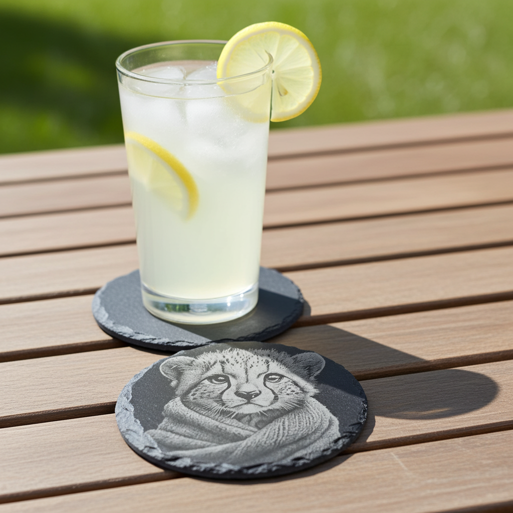 Set of 4, Round Slate Coasters - Bear and Cub in Blanket Collection, (2 designs per set). with bumper feet.