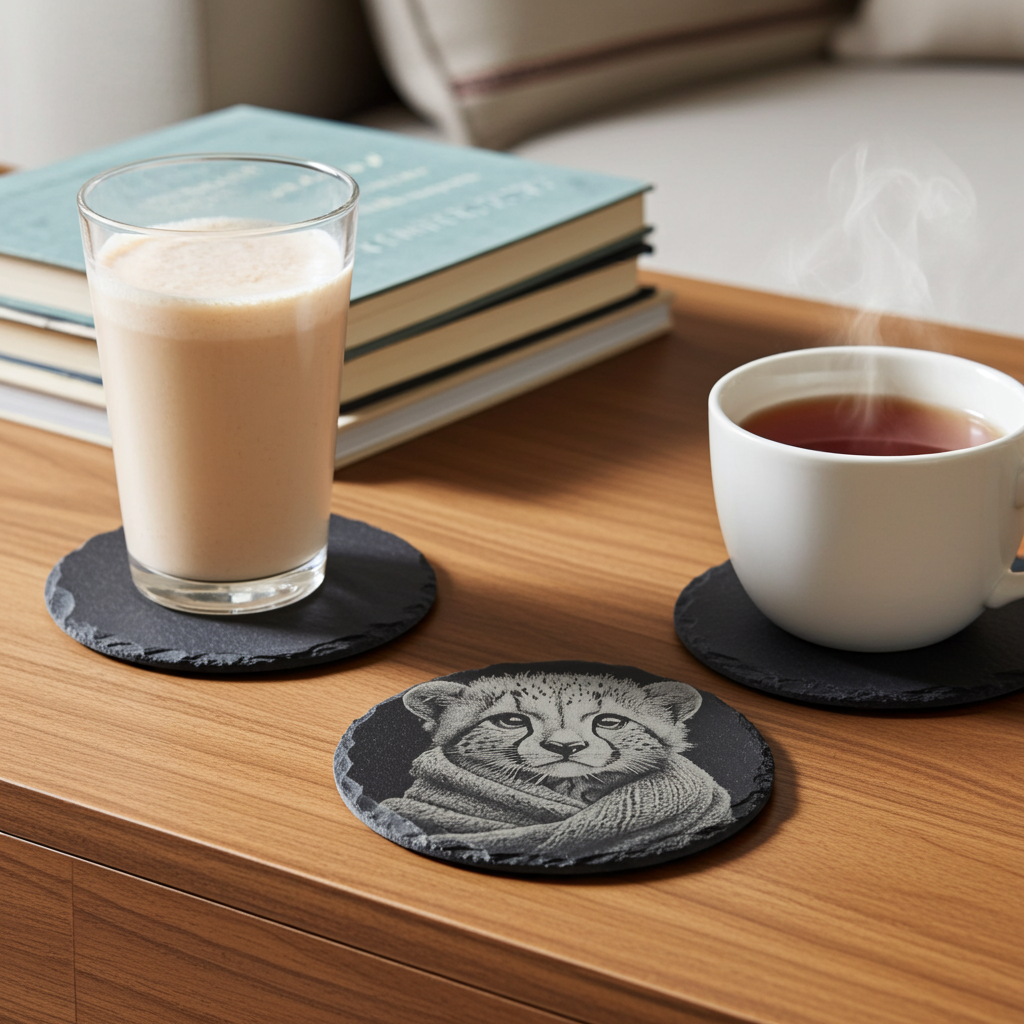 Set of 4, Round Slate Drink Coasters- Cute Cub in Blanket Collection- with Bumper Feet.
