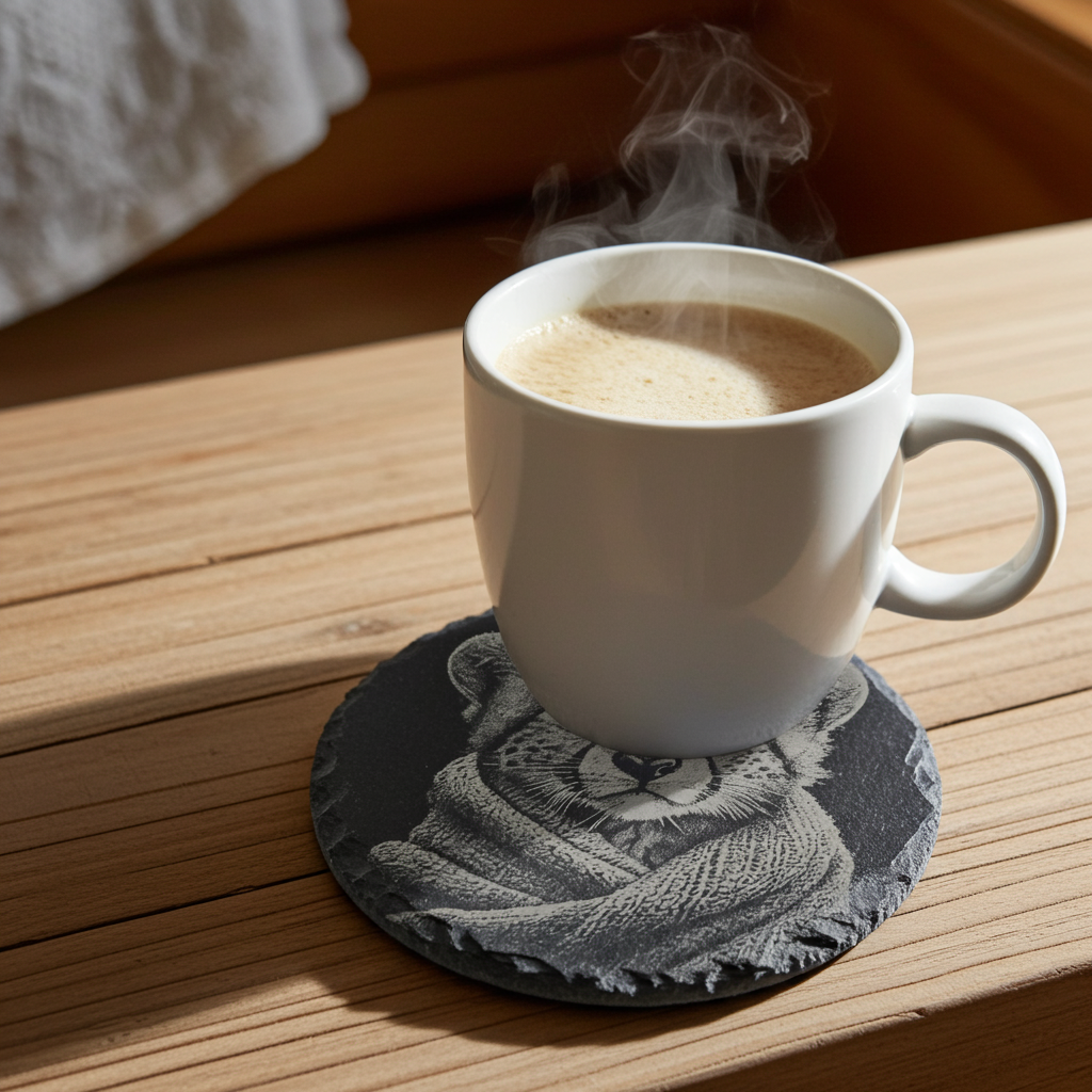 Set of 4, Round Slate Drink Coasters- Cute Cub in Blanket Collection- with Bumper Feet.