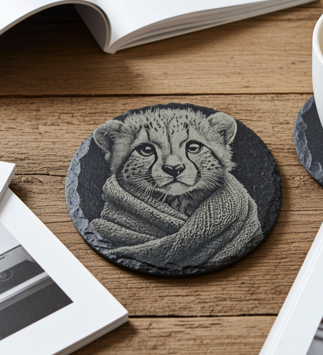 Set of 4, Round Slate Drink Coasters- Cute Cub in Blanket Collection- with Bumper Feet.