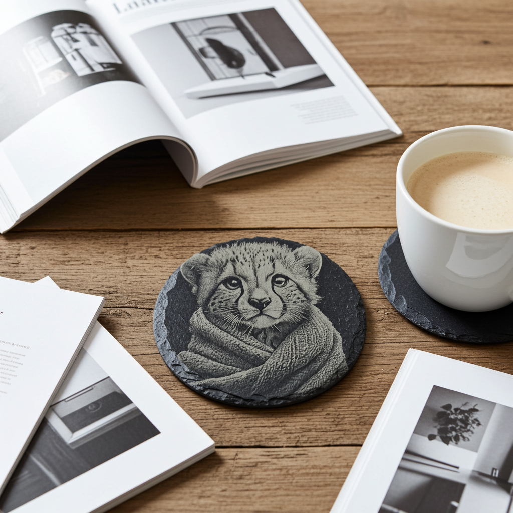 Set of 4, Round Slate Drink Coasters- Cute Cub in Blanket Collection- with Bumper Feet.