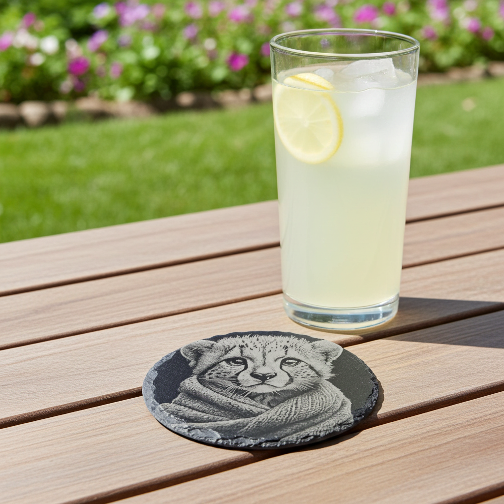 Set of 4, Round Slate Drink Coasters- Cute Cub in Blanket Collection- with Bumper Feet.