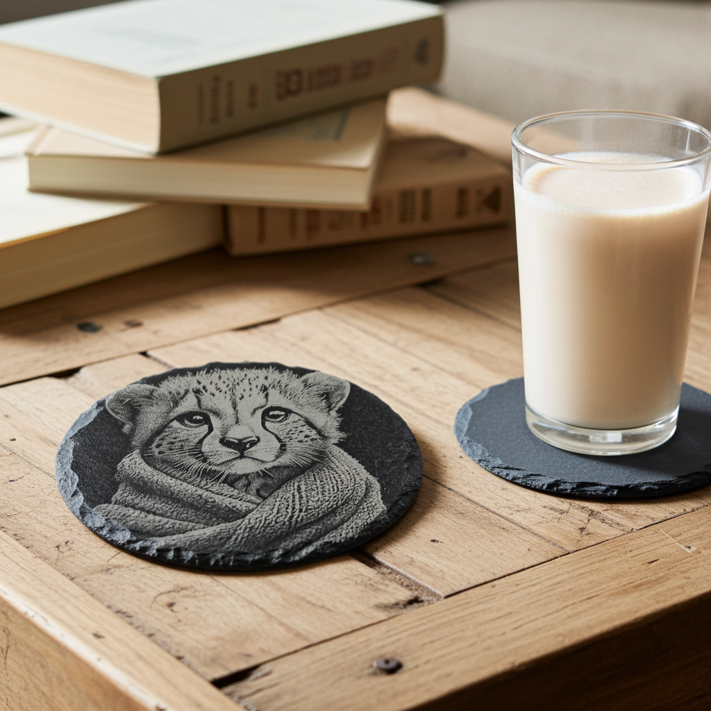 Set of 4, Round Slate Drink Coasters- Cute Cub in Blanket Collection- with Bumper Feet.