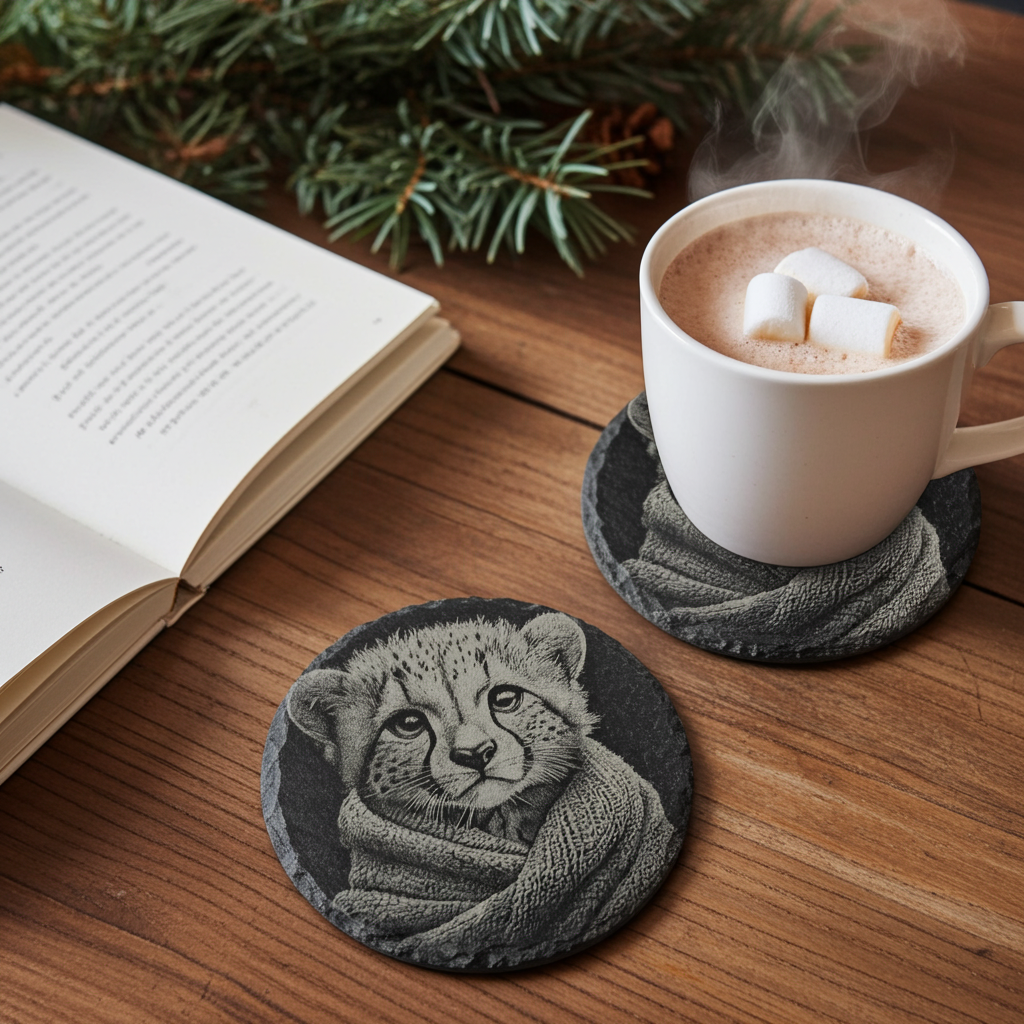 Set of 4, Round Slate Coasters - Bear and Cub in Blanket Collection, (2 designs per set). with bumper feet.