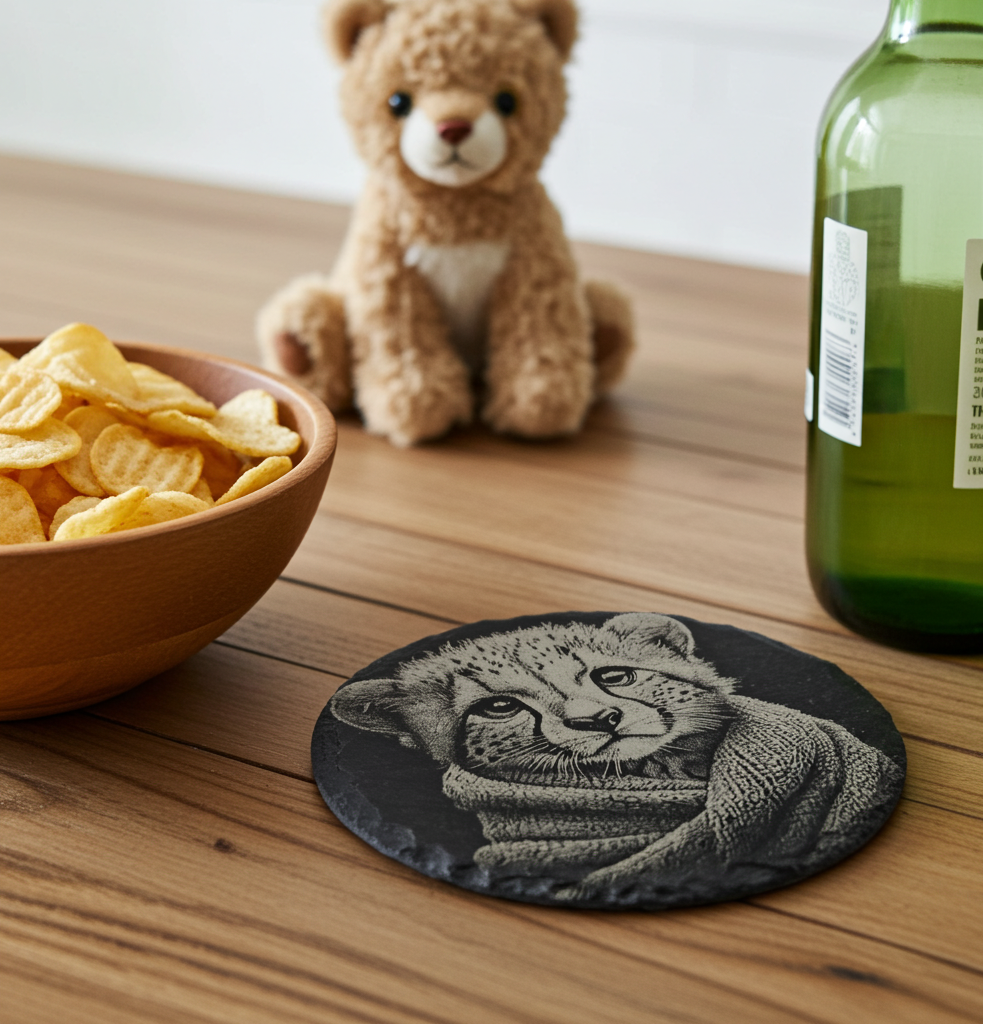 Set of 4, Round Slate Drink Coasters- Cute Cub in Blanket Collection- with Bumper Feet.