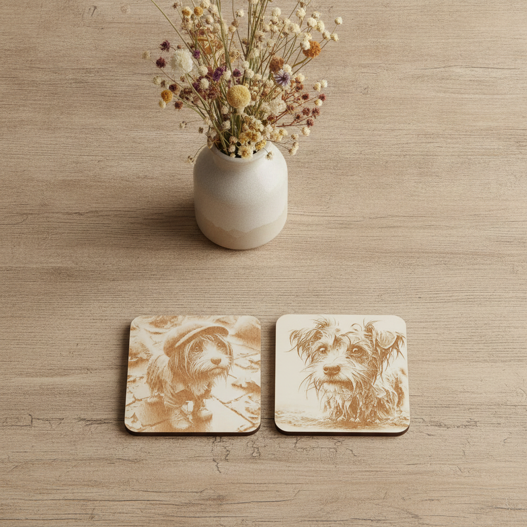 Set of 4, Scruffy & Cute Dog White Wood Engraved Drink Coasters, with Bumper Feet.