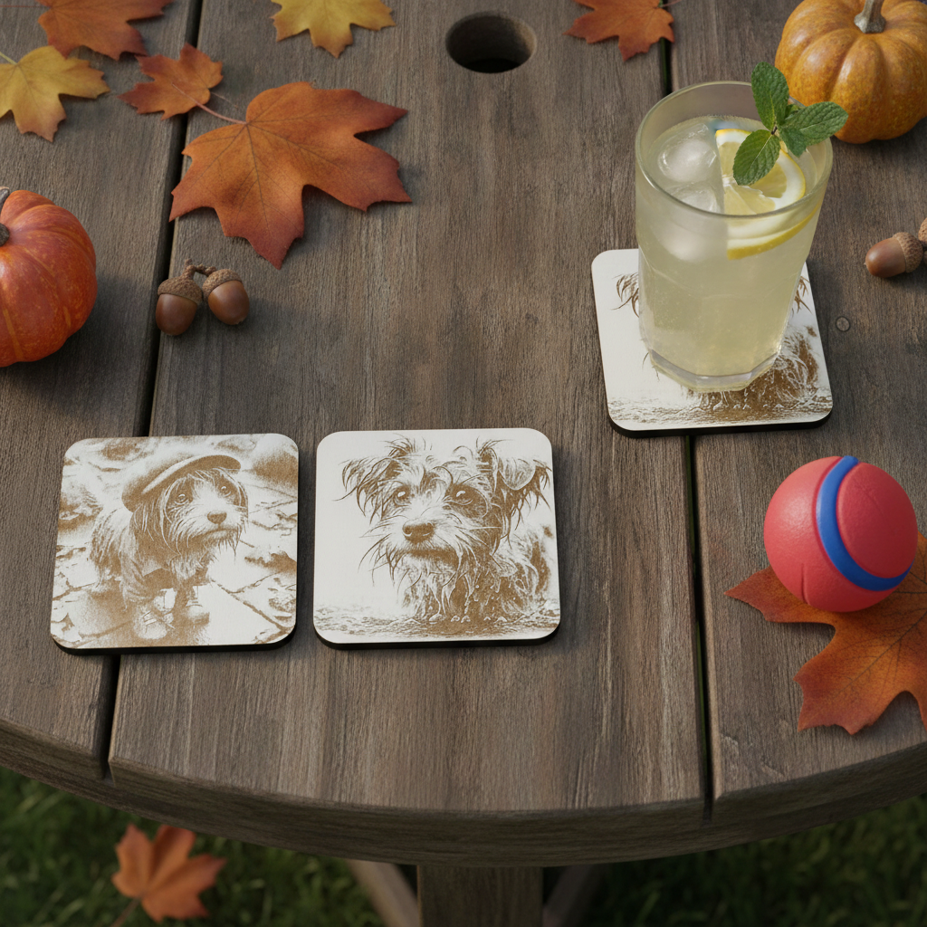 Set of 4, Scruffy & Cute Dog White Wood Engraved Drink Coasters, with Bumper Feet.