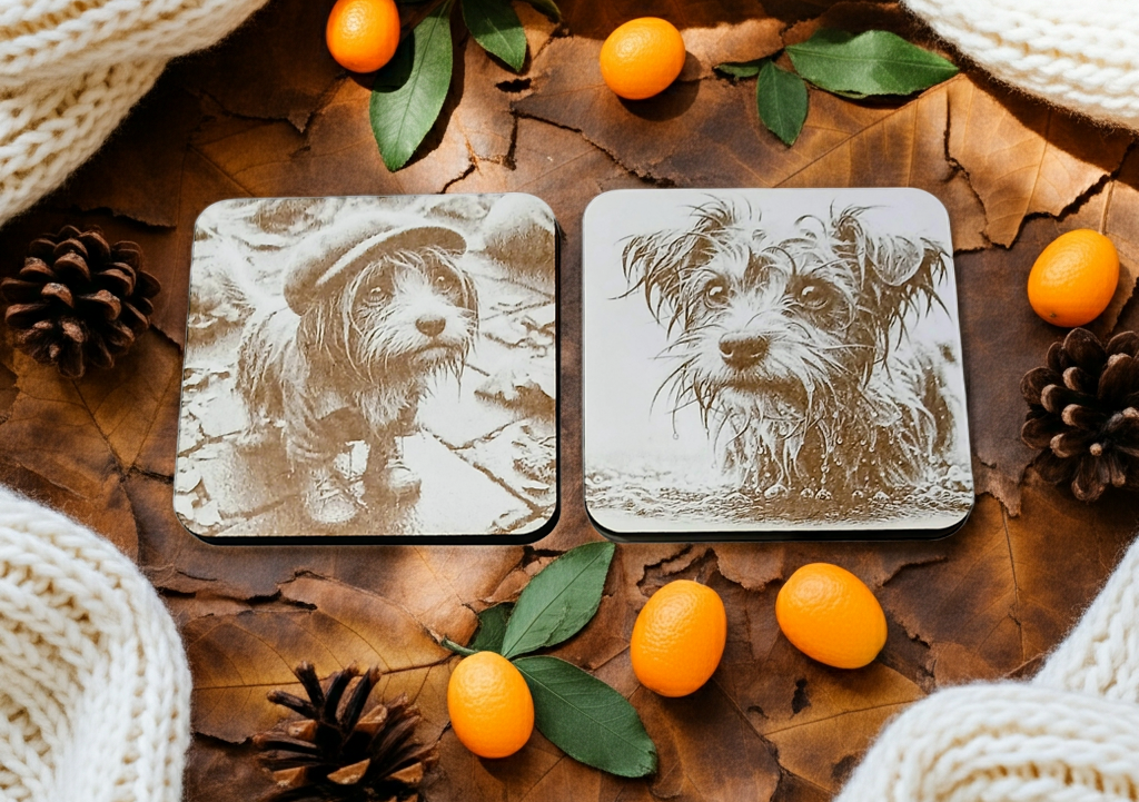 Set of 4, Scruffy & Cute Dog White Wood Engraved Drink Coasters, with Bumper Feet.
