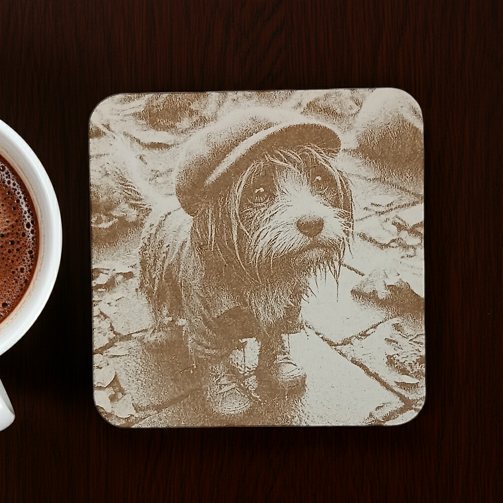 Set of 4, Scruffy & Cute Dog White Wood Engraved Drink Coasters, with Bumper Feet.