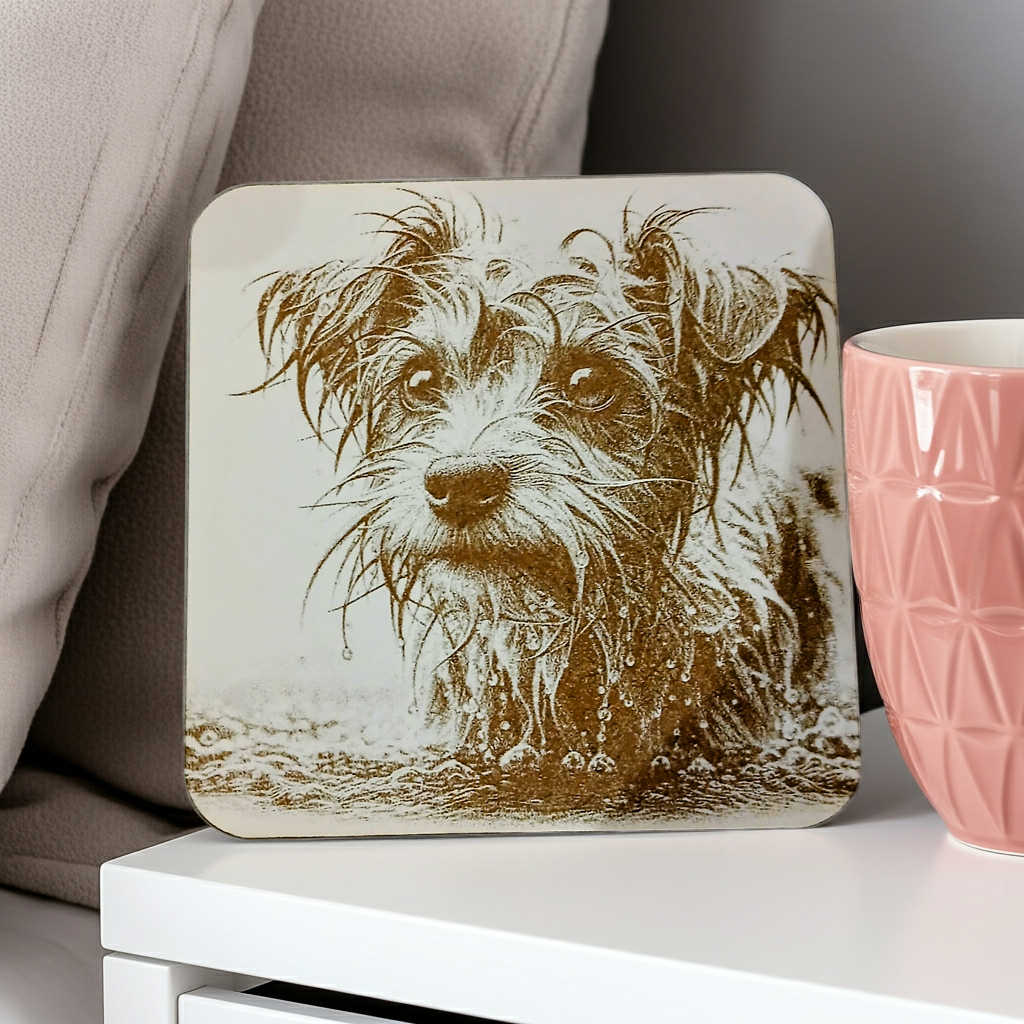 Set of 4, Scruffy & Cute Dog White Wood Engraved Drink Coasters, with Bumper Feet.