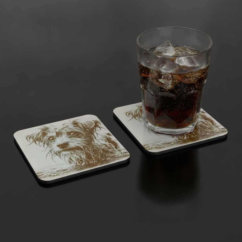 Set of 4, Scruffy & Cute Dog White Wood Engraved Drink Coasters, with Bumper Feet.