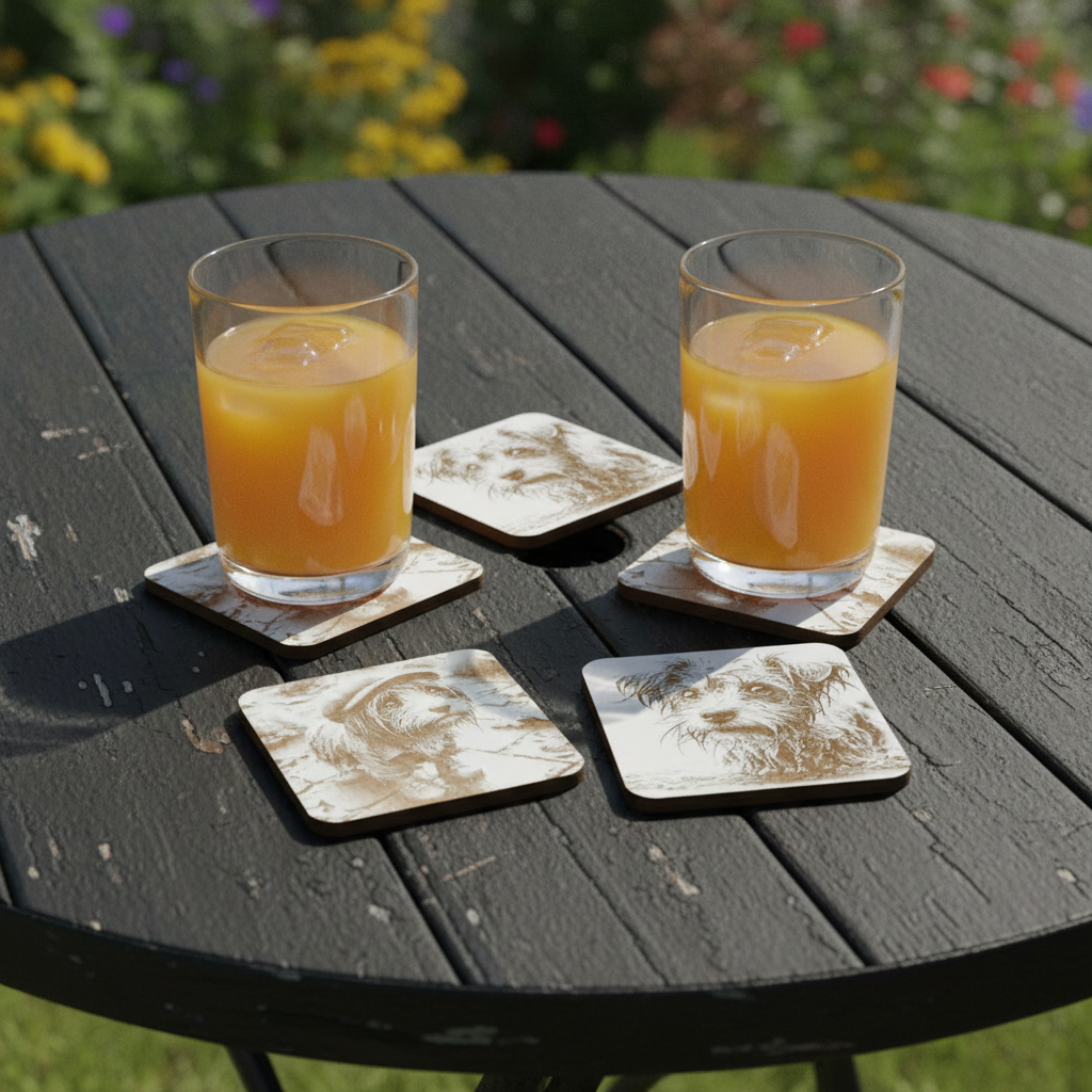 Set of 4, Scruffy & Cute Dog White Wood Engraved Drink Coasters, with Bumper Feet.