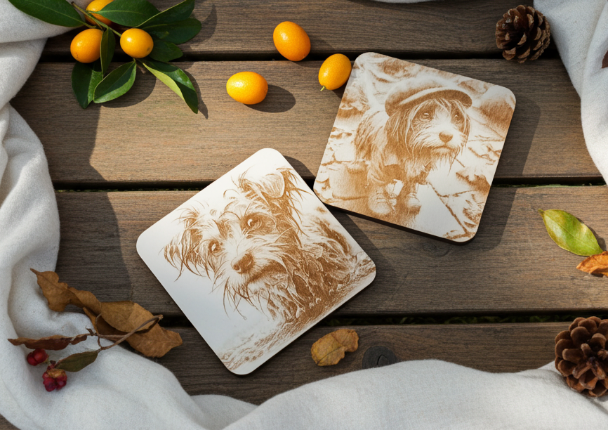 Set of 4, Scruffy & Cute Dog White Wood Engraved Drink Coasters, with Bumper Feet.