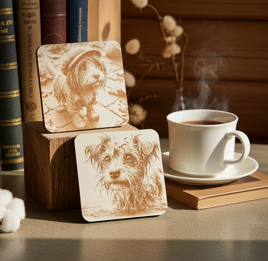 Set of 4, Scruffy & Cute Dog White Wood Engraved Drink Coasters, with Bumper Feet.