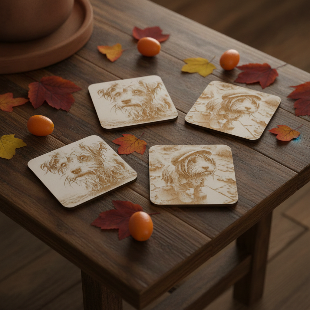 Set of 4, Scruffy & Cute Dog White Wood Engraved Drink Coasters, with Bumper Feet.