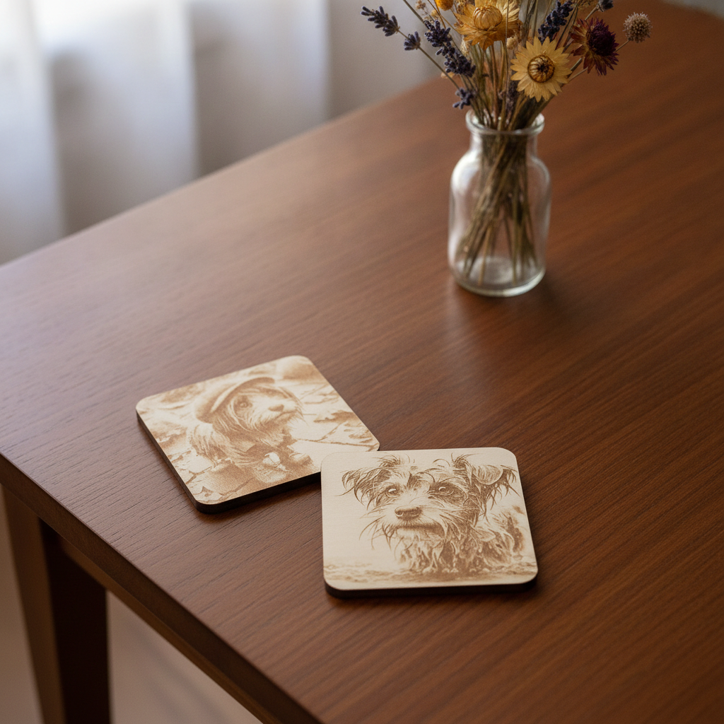 Set of 4, Scruffy & Cute Dog White Wood Engraved Drink Coasters, with Bumper Feet.
