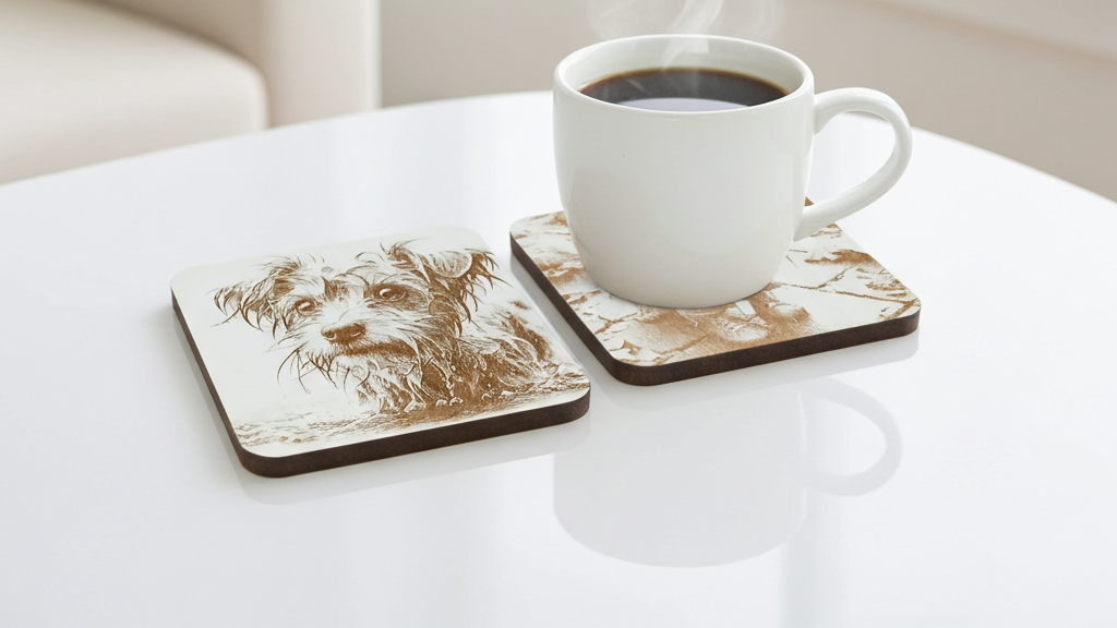Set of 4, Scruffy & Cute Dog White Wood Engraved Drink Coasters, with Bumper Feet.
