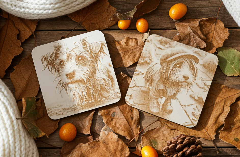 Set of 4, Scruffy & Cute Dog White Wood Engraved Drink Coasters, with Bumper Feet.