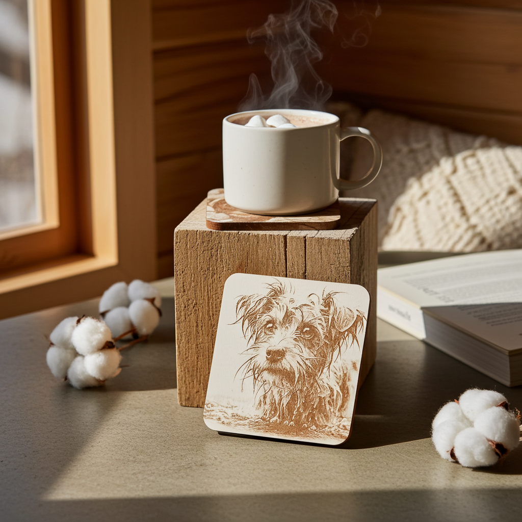 Set of 4, Scruffy & Cute Dog White Wood Engraved Drink Coasters, with Bumper Feet.