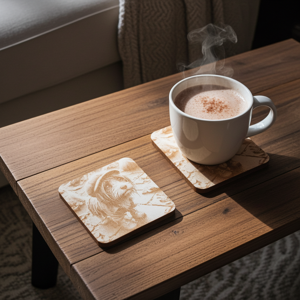 Set of 4, Scruffy & Cute Dog White Wood Engraved Drink Coasters, with Bumper Feet.
