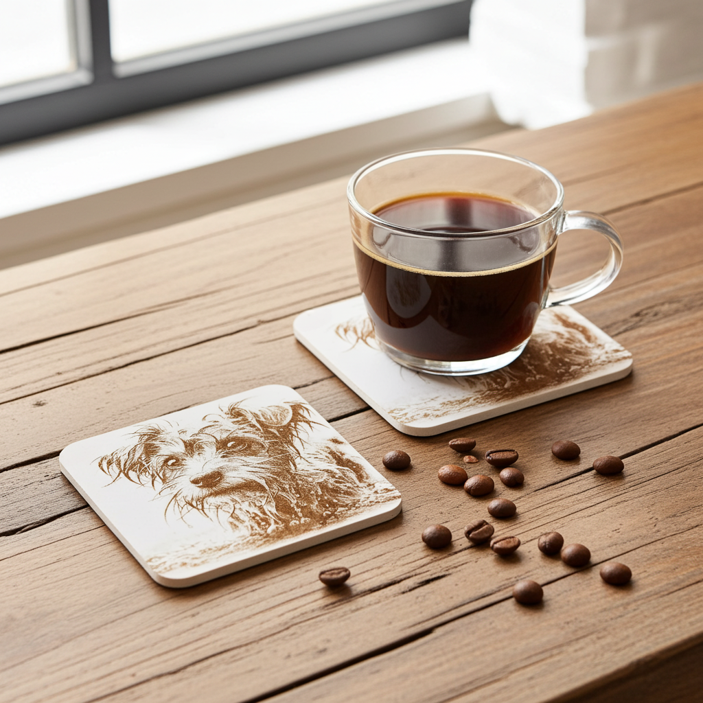 Set of 4, Scruffy & Cute Dog White Wood Engraved Drink Coasters, with Bumper Feet.