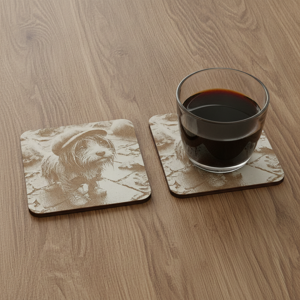 Set of 4, Scruffy & Cute Dog White Wood Engraved Drink Coasters, with Bumper Feet.