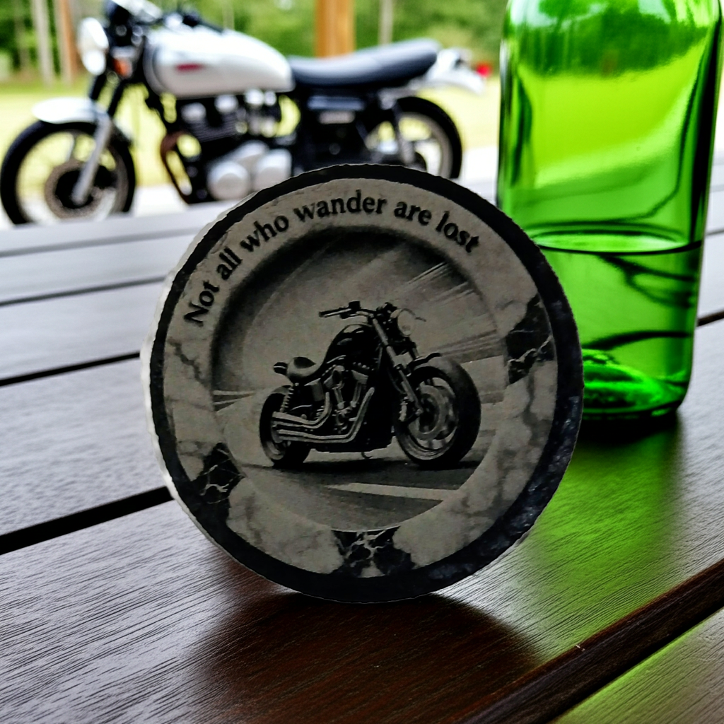 Set of 4, Slate Drink Coasters - 3d effect- Motorbike and life quote, with bumper feet.